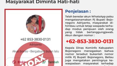 Beredar Akun WhatsApp Palsu Mengatasnamakan Pj Bupati Bojonegoro, Warga Diminta Waspada